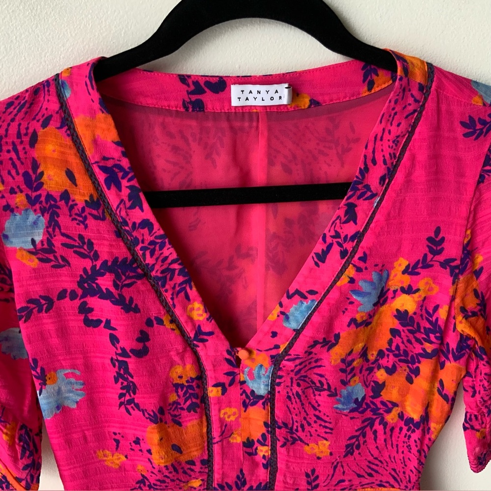 TANYA TAYLOR Kayla Dress Falling Floral Flower Ruffle Silk Event Hot Pink Size 0 - Picture 11 of 16